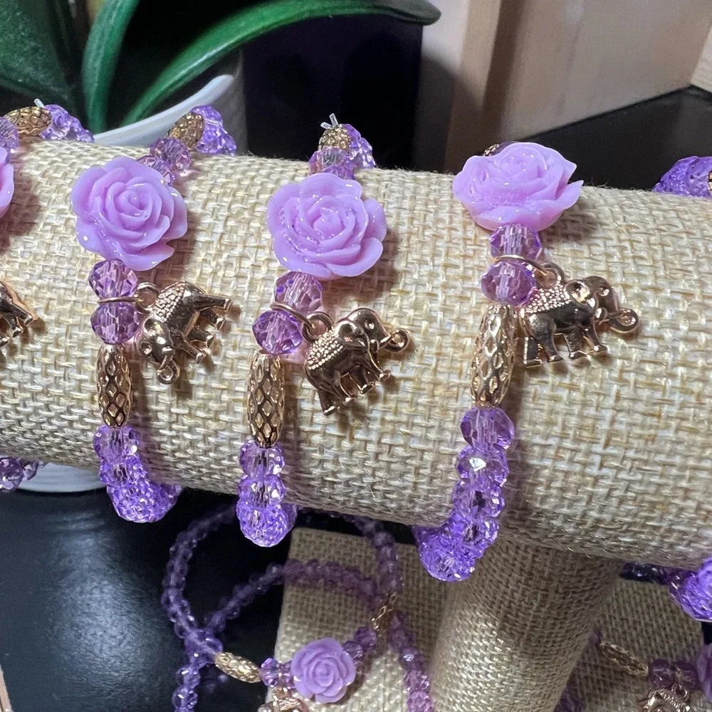 LOT of 10 New Purple Rose and Gold Elephant Stretch Bracelets FREE SHIPPING - Picture 4 of 4
